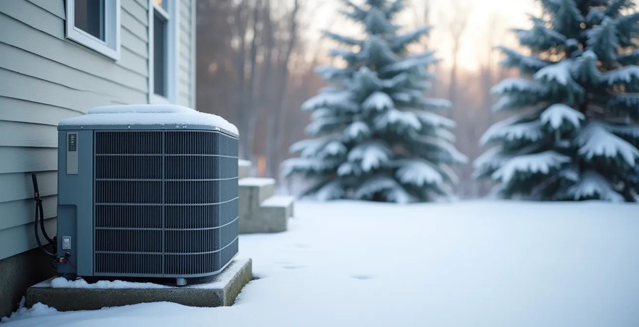 Unité extérieure de climatisation installée dans un environnement hivernal québécois