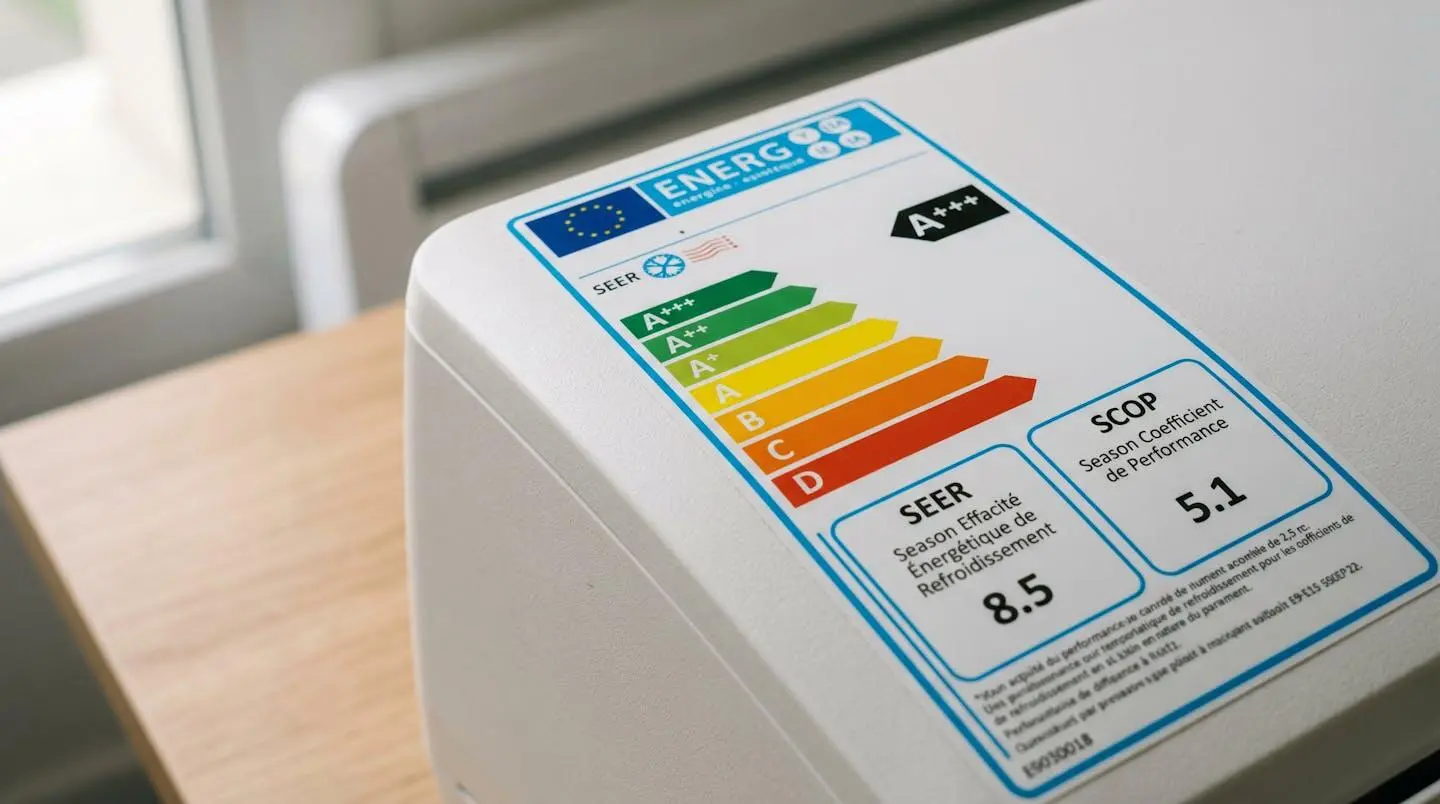 Gros plan sur une étiquette énergétique européenne de climatiseur montrant l'échelle colorée de classe A+++ à D et les valeurs SEER et SCOP