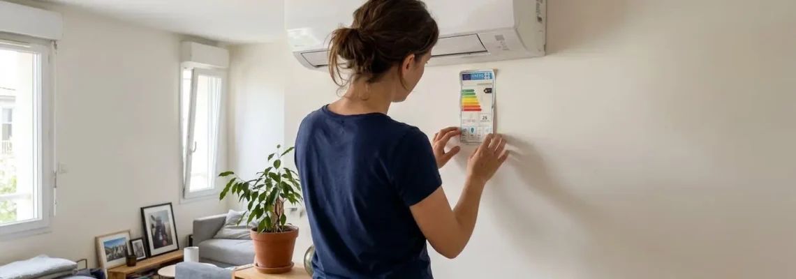 Personne de dos examinant l'étiquette énergétique d'un climatiseur mural blanc dans un salon contemporain