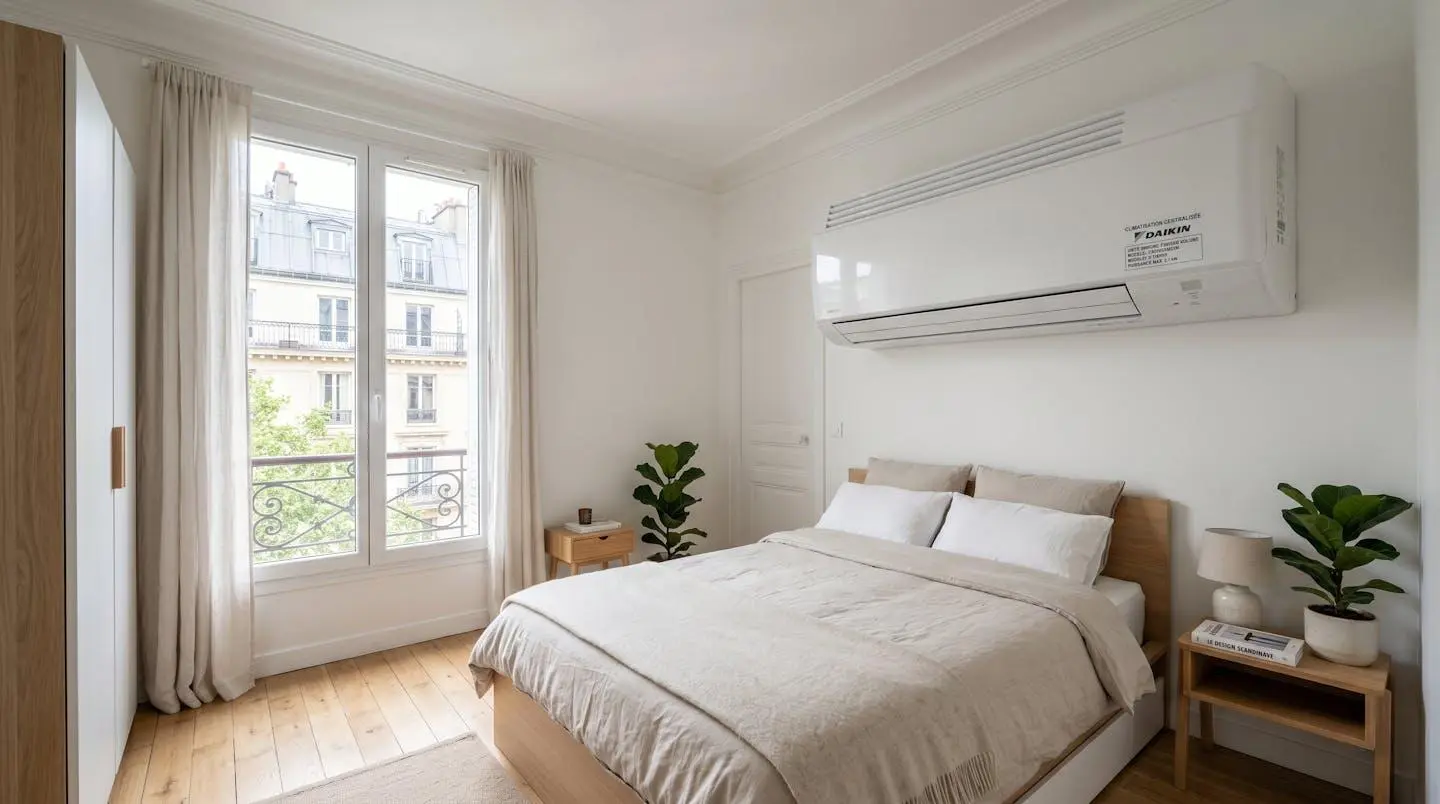 Petite chambre d'environ 12 m² équipée d'un climatiseur mural disproportionné par rapport à la surface de la pièce