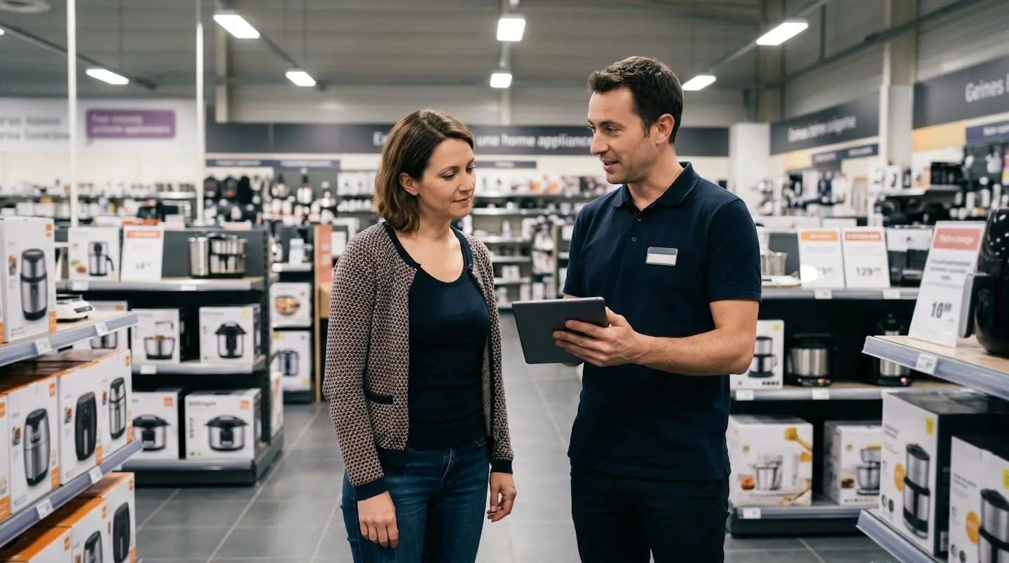 Conseiller vendeur professionnel dans magasin équipement maison dialoguant avec client, rayonnages produits en arrière-plan, scène réelle de conseil commercial