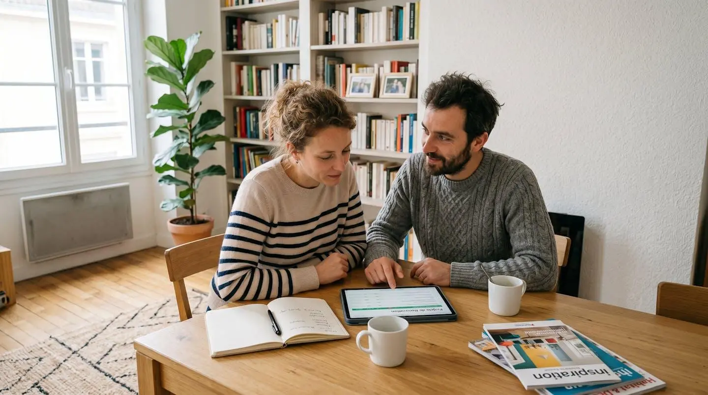 Couple français à domicile consultant ensemble tablette et documents sur table en bois, projet habitat, lumière naturelle, décor résidentiel contemporain