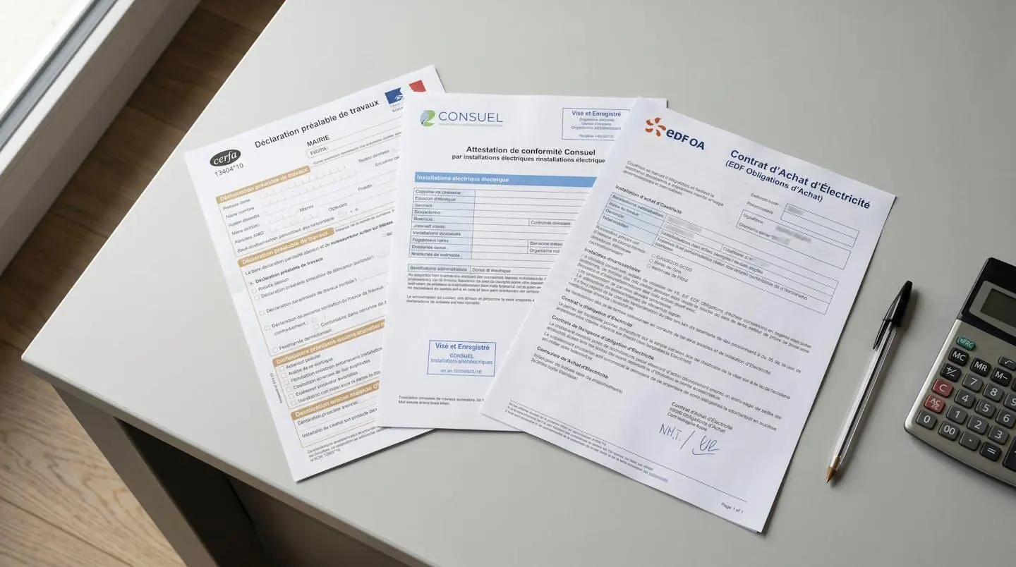 Vue de dessus de trois documents administratifs français disposés sur un bureau professionnel : formulaire Cerfa de déclaration préalable, attestation CONSUEL et contrat EDF Obligation d'Achat, avec stylo et calculatrice