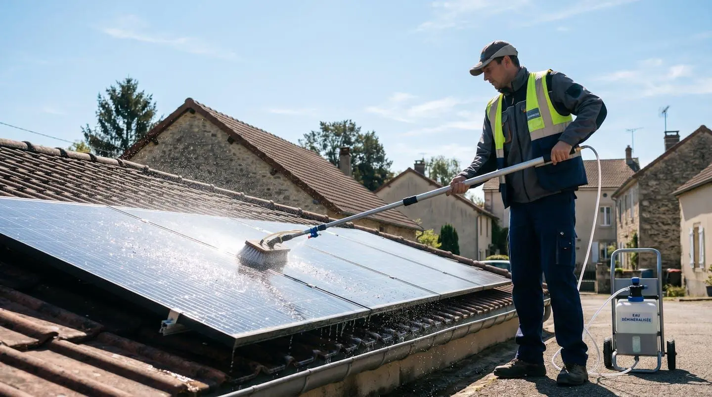 Technicien au sol utilisant une perche télescopique avec brosse pour nettoyer des panneaux photovoltaïques sur toiture résidentielle, jet d'eau déminéralisée créant des gouttes scintillantes en plein soleil