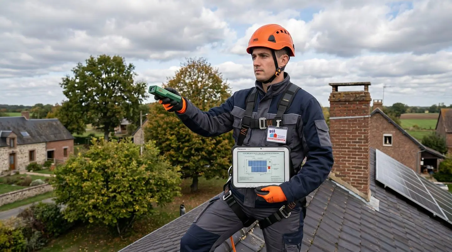 Technicien RGE debout sur toiture tenant un télémètre laser et une tablette professionnelle, effectuant un diagnostic technique pré-installation avec ciel nuageux en arrière-plan