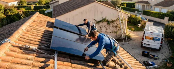 Deux techniciens équipés de harnais de sécurité installent des panneaux photovoltaïques sur une toiture résidentielle en pente, échelle contre la façade et camion installateur visible en arrière-plan, scène de chantier en lumière matinale