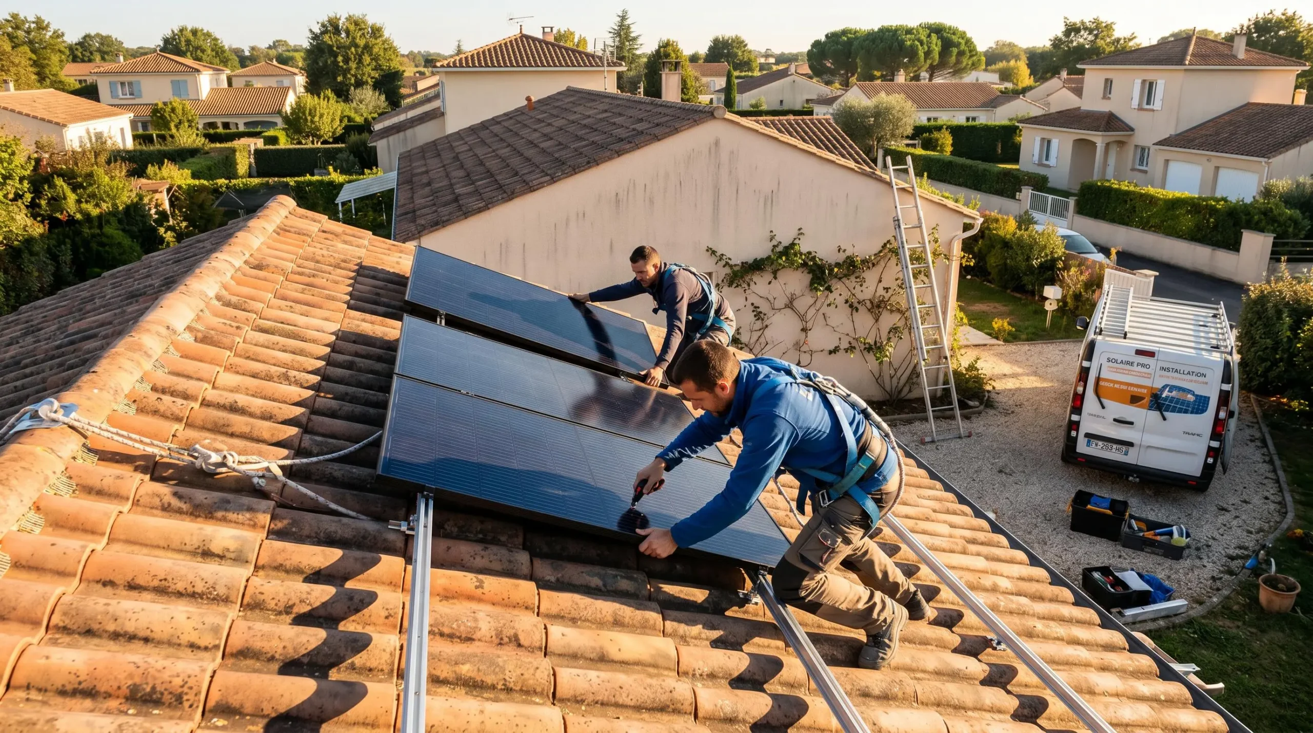 Deux techniciens équipés de harnais de sécurité installent des panneaux photovoltaïques sur une toiture résidentielle en pente, échelle contre la façade et camion installateur visible en arrière-plan, scène de chantier en lumière matinale