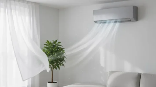 Salon lumineux et épuré symbolisant un air intérieur sain grâce à la climatisation