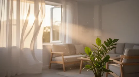 Salon lumineux et épuré symbolisant un air intérieur sain grâce à une climatisation bien entretenue
