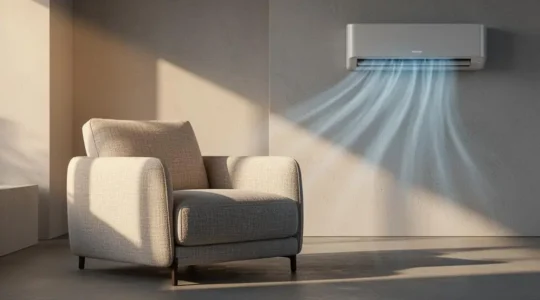 Interieur moderne et lumineux avec climatiseur mural discret, illustrant l'equilibre entre confort thermique et economie d'energie