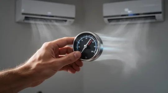 Main ajustant doucement un cadran de reglage sur une unite de climatisation murale, symbolisant une variation progressive de la vitesse du compresseur