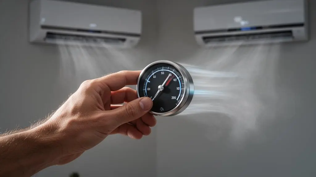 Main ajustant doucement un cadran de reglage sur une unite de climatisation murale, symbolisant une variation progressive de la vitesse du compresseur