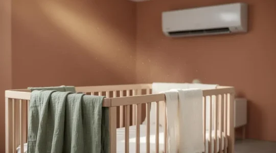 Chambre de bébé baignée de lumière douce avec climatiseur discret en arrière-plan, symbolisant un air sain et apaisé