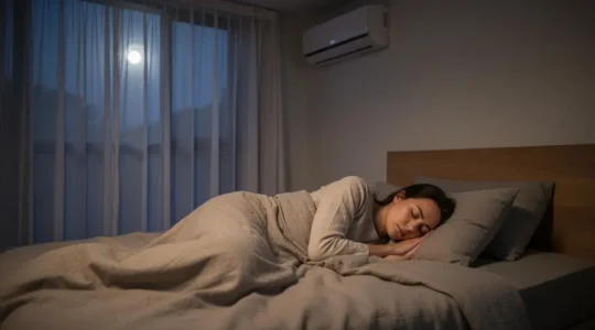 Chambre moderne et épurée avec une unité de climatisation murale discrète, ambiance nocturne apaisante propice au sommeil