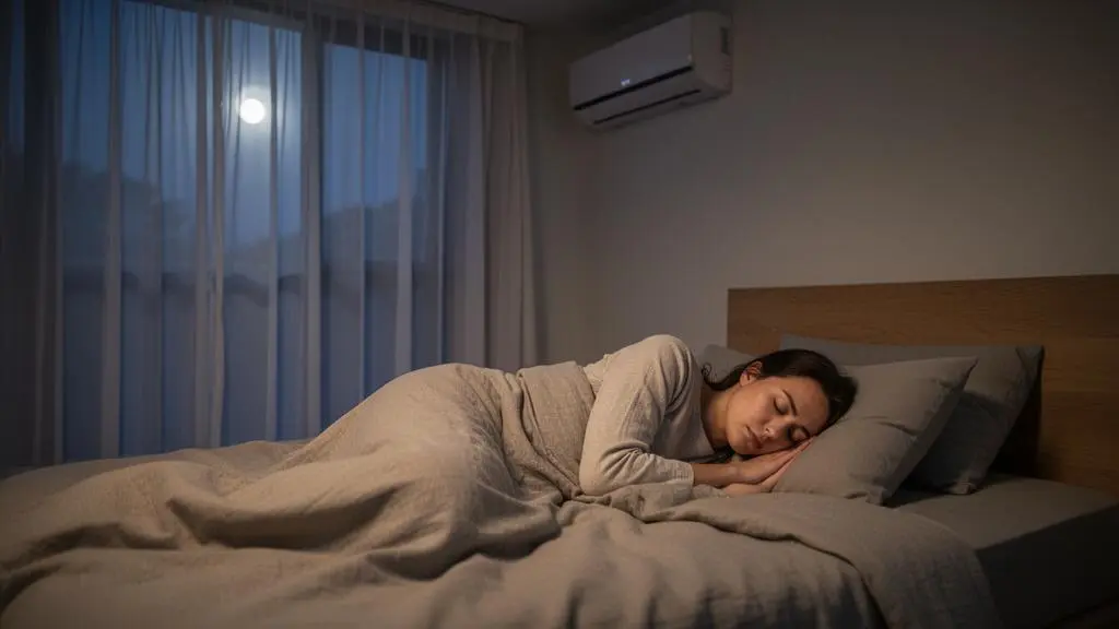 Chambre moderne et épurée avec une unité de climatisation murale discrète, ambiance nocturne apaisante propice au sommeil