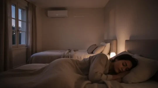 Chambre épurée et paisible avec climatiseur mural discret intégré dans un décor minimaliste au crépuscule