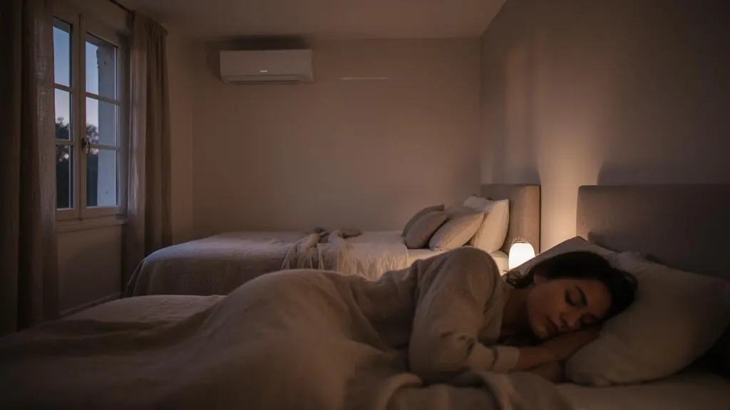 Chambre épurée et paisible avec climatiseur mural discret intégré dans un décor minimaliste au crépuscule