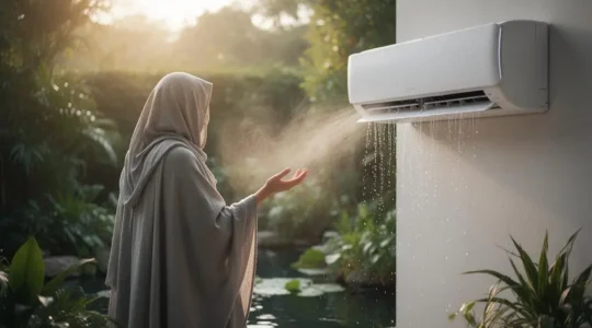 Technicien réglant une unité murale de climatisation dans un salon lumineux et moderne
