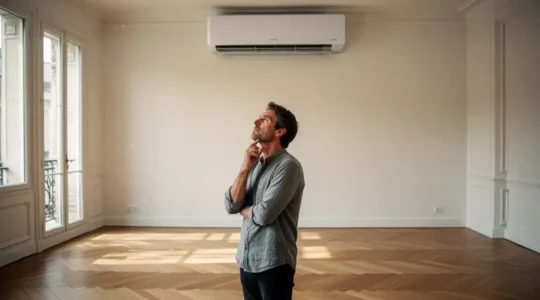Personne réfléchissant face à une unité de climatisation murale moderne dans un salon lumineux, symbolisant le choix entre critères techniques, budgétaires et esthétiques