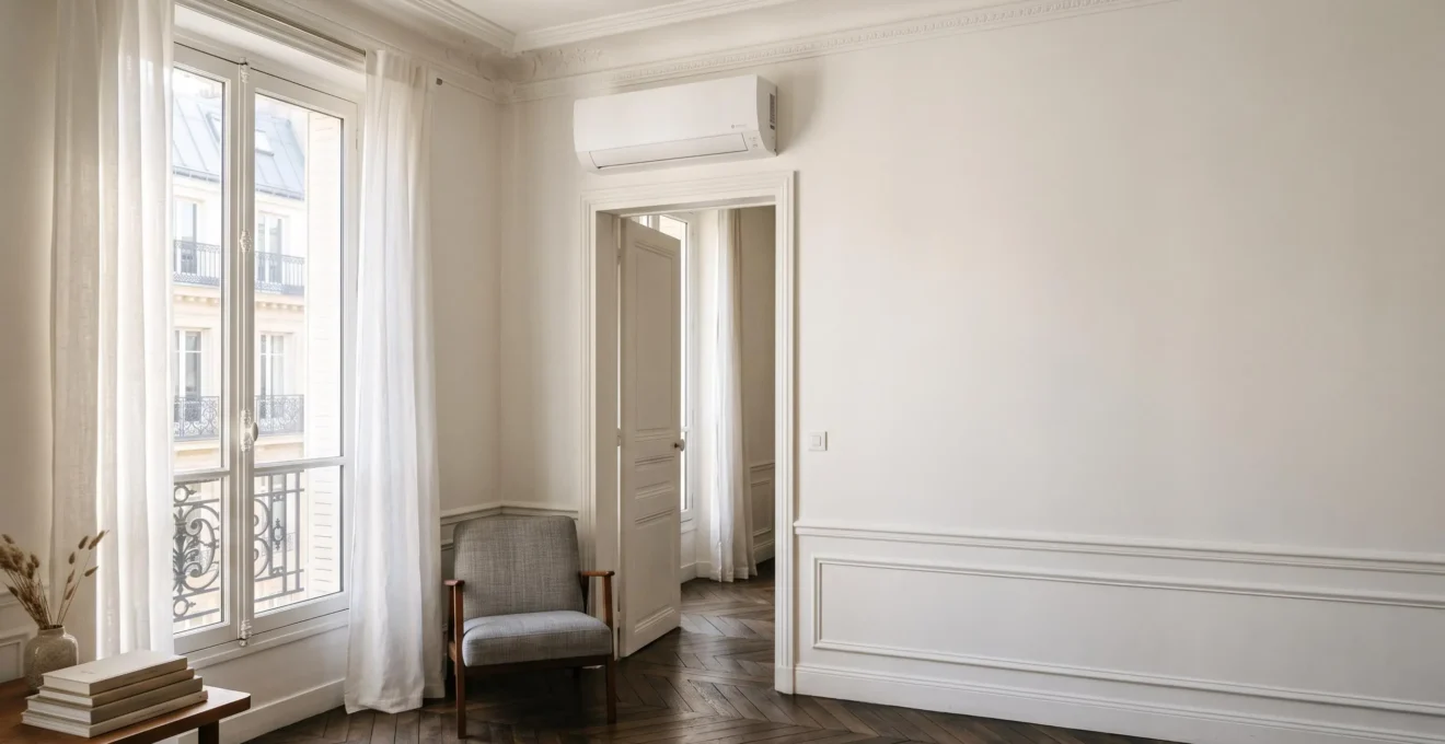 Unite murale de climatisation monosplit integree avec elegance dans un salon lumineux d'un appartement francais