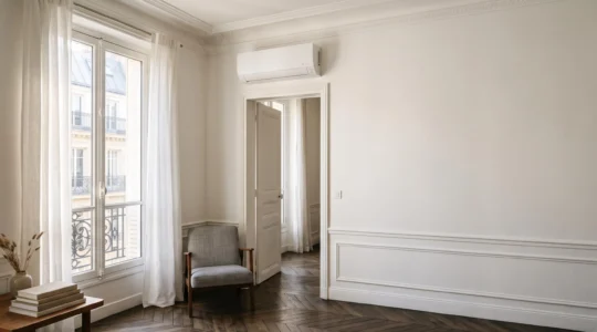 Unite murale de climatisation monosplit integree avec elegance dans un salon lumineux d'un appartement francais