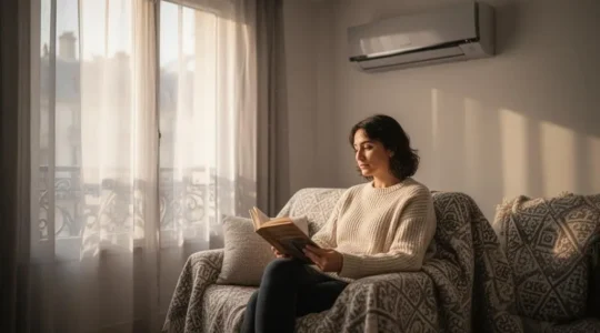 Studio moderne et épuré avec climatisation murale discrète et espace au sol totalement dégagé