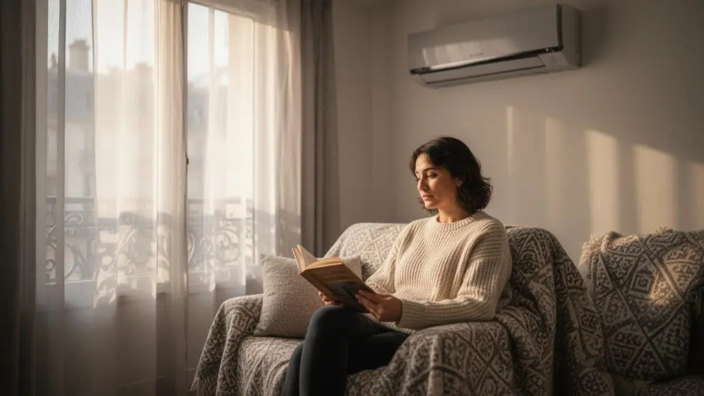 Studio moderne et épuré avec climatisation murale discrète et espace au sol totalement dégagé