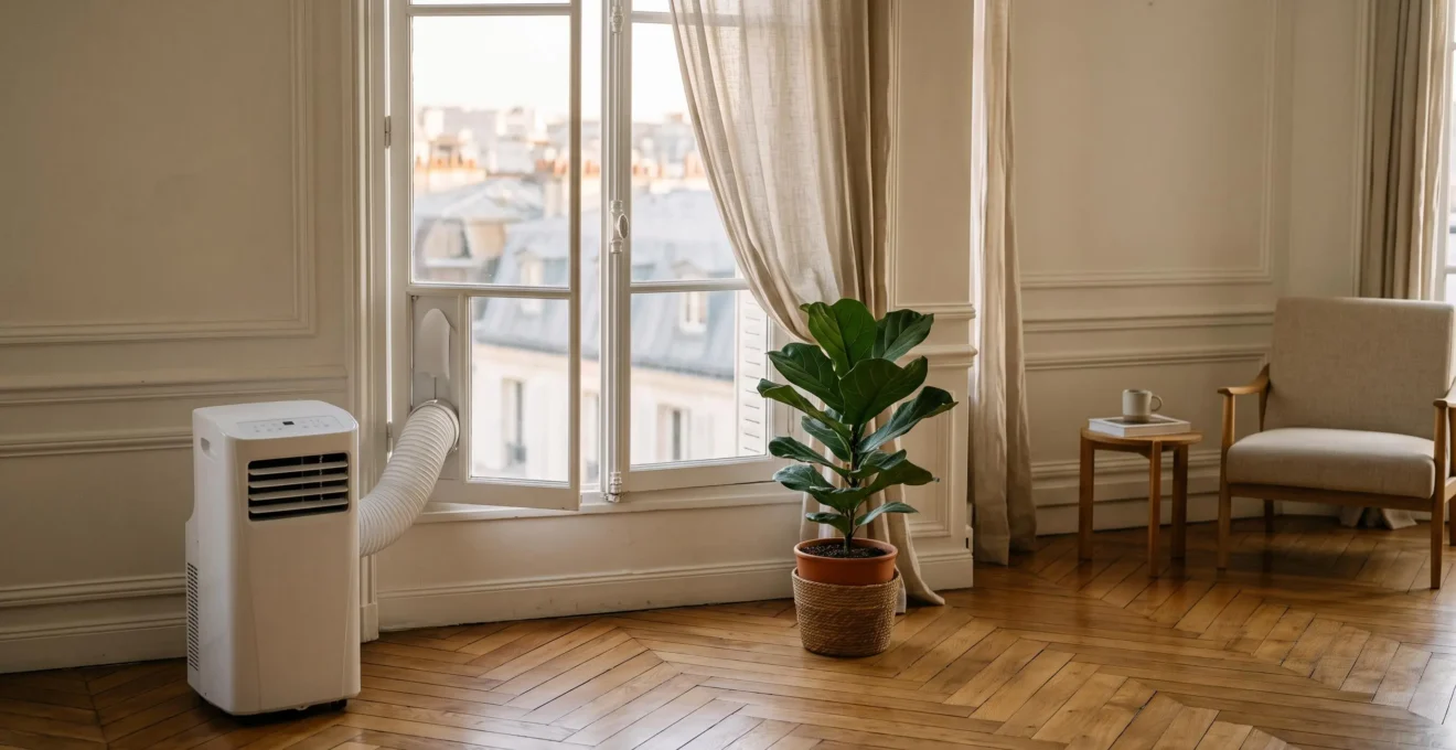 Studio lumineux avec fenêtre entrouverte et climatiseur monobloc discret, sans travaux ni percement