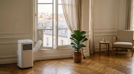 Studio lumineux avec fenêtre entrouverte et climatiseur monobloc discret, sans travaux ni percement