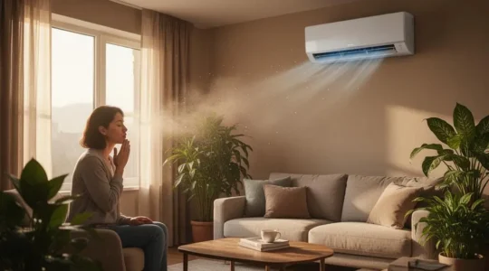 Salon lumineux avec climatiseur mural filtrant l'air pour permettre à une famille de respirer sainement