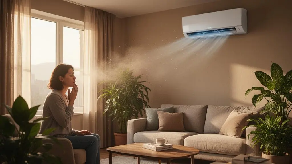 Salon lumineux avec climatiseur mural filtrant l'air pour permettre à une famille de respirer sainement