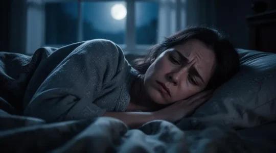 Personne allongée dans son lit la nuit, les yeux ouverts, dérangée par le bruit lointain d'un climatiseur derrière la fenêtre