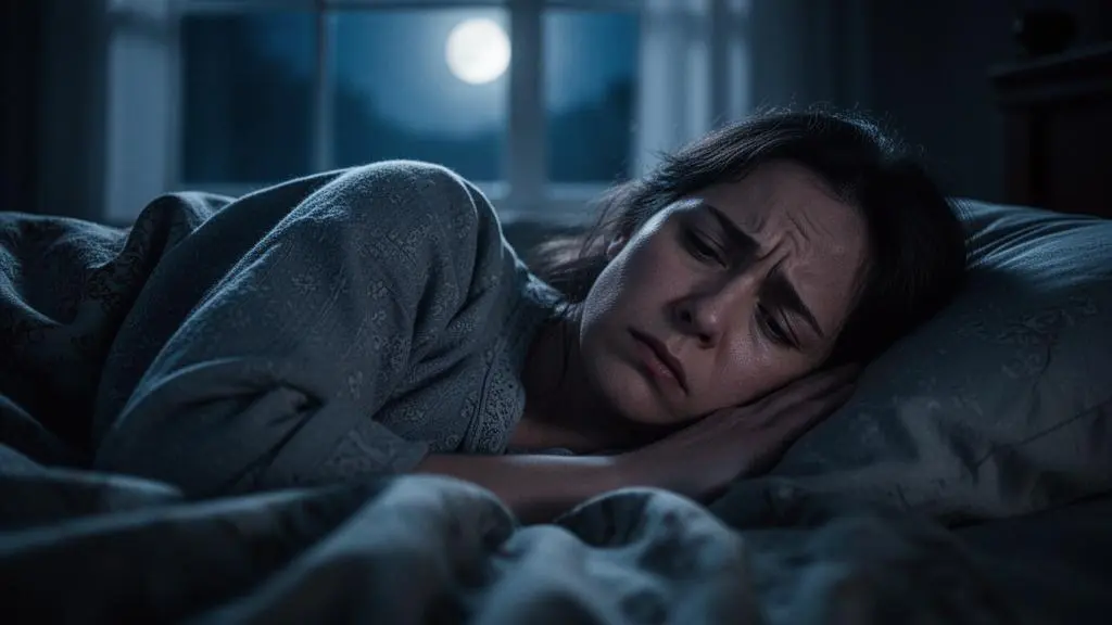 Personne allongée dans son lit la nuit, les yeux ouverts, dérangée par le bruit lointain d'un climatiseur derrière la fenêtre