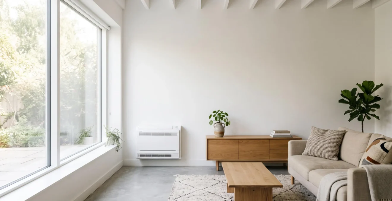Salon moderne et épuré avec un climatiseur console discret installé en partie basse d'un mur, sous une fenêtre lumineuse