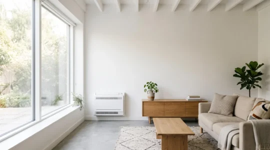 Salon moderne et épuré avec un climatiseur console discret installé en partie basse d'un mur, sous une fenêtre lumineuse