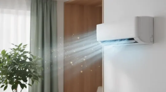 Flux d'air pur traversant un climatiseur mural dans un salon lumineux, symbolisant la filtration des allergènes