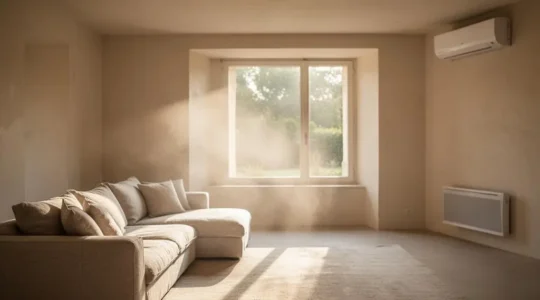 Salon lumineux et épuré illustrant le confort thermique apporté par une climatisation fixe, en opposition symbolique à l'encombrement d'un modèle mobile