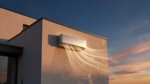 Unité extérieure de climatiseur sur une façade moderne au coucher du soleil, symbolisant un fonctionnement continu et durable
