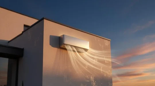 Unité extérieure de climatiseur sur une façade moderne au coucher du soleil, symbolisant un fonctionnement continu et durable
