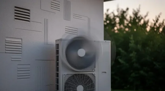 Unite exterieure de climatiseur moderne fonctionnant de maniere stable dans un environnement residentiel apaise, symbole de durabilite