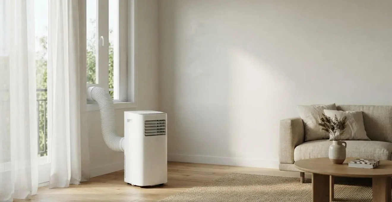 Climatiseur portable placé près d'une fenêtre dans un salon lumineux, alternative économique à une installation fixe multiple