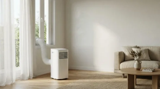 Climatiseur portable placé près d'une fenêtre dans un salon lumineux, alternative économique à une installation fixe multiple
