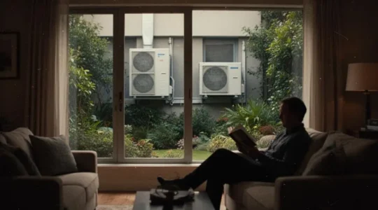 Climatiseur mural moderne fonctionnant silencieusement dans un salon lumineux et paisible, avec l'unite exterieure discretement integree au jardin en arriere-plan
