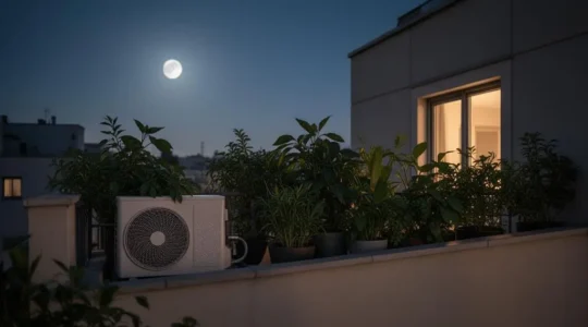 Façade d'immeuble la nuit avec une unité de climatisation discrète intégrée dans un environnement calme