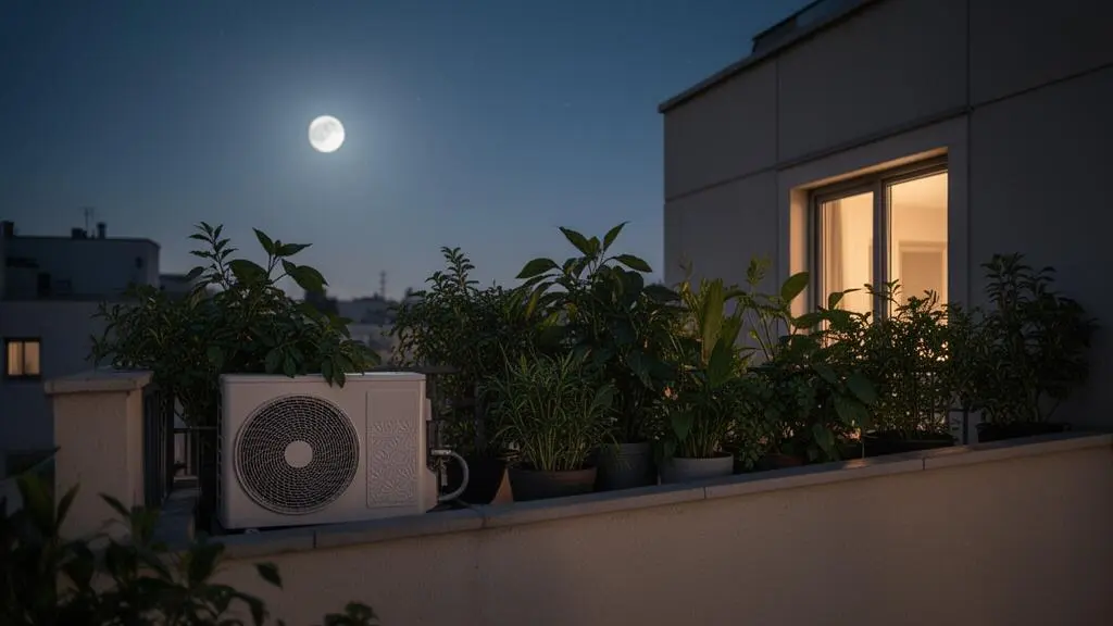 Façade d'immeuble la nuit avec une unité de climatisation discrète intégrée dans un environnement calme