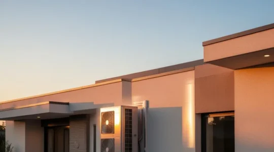 Unité extérieure de climatiseur fixée sur la façade d'une maison moderne à l'heure dorée, symbolisant une consommation d'énergie stable et maîtrisée