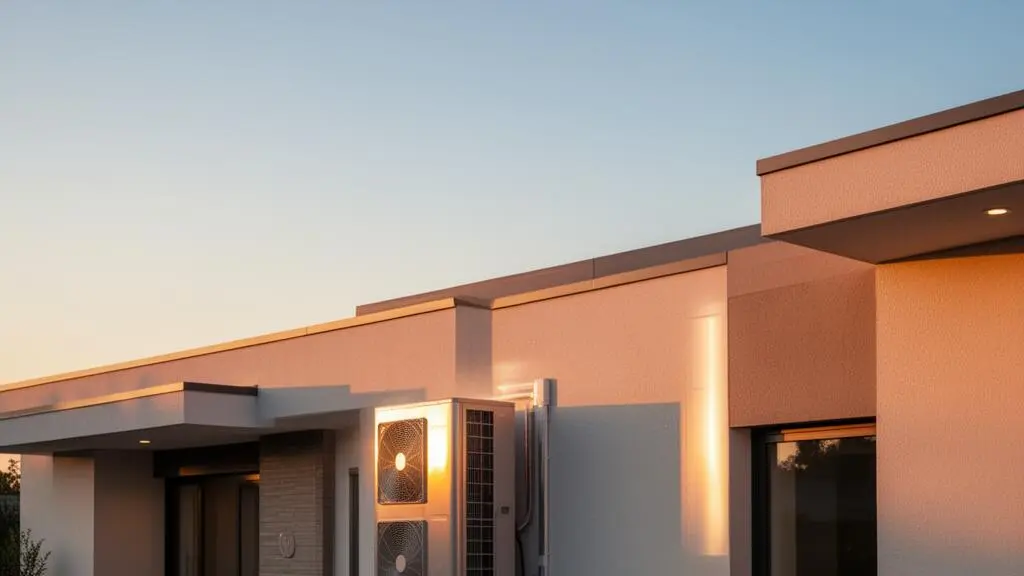 Unité extérieure de climatiseur fixée sur la façade d'une maison moderne à l'heure dorée, symbolisant une consommation d'énergie stable et maîtrisée