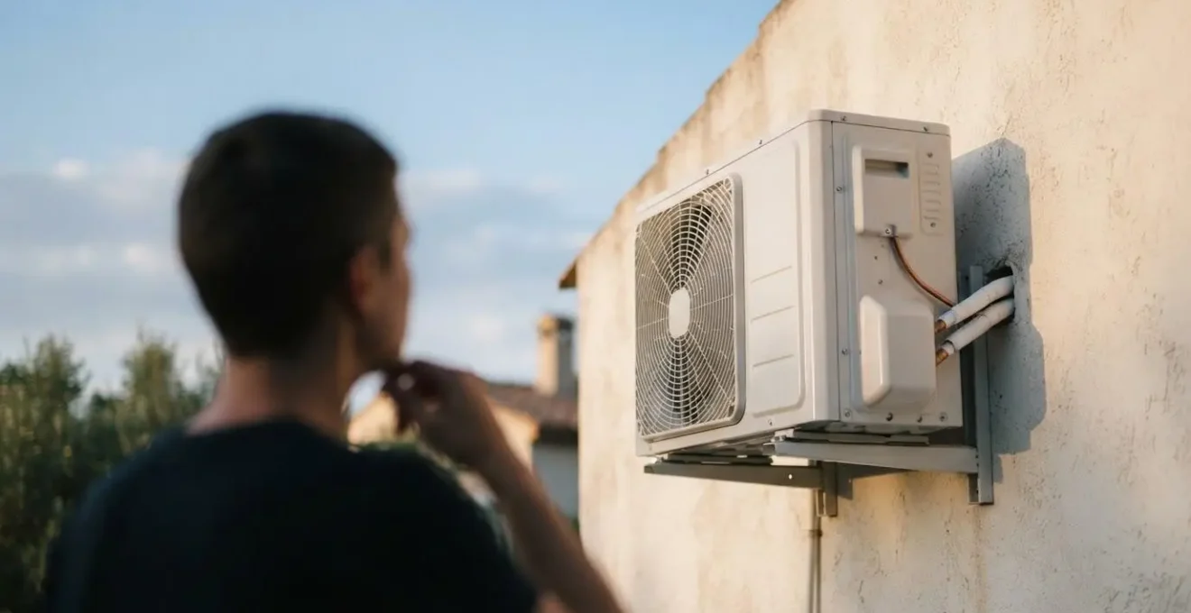 Technicien examinant discrètement l'unité extérieure d'un climatiseur moderne dans une lumière douce de fin de journée, symbolisant un choix éclairé face aux promesses marketing