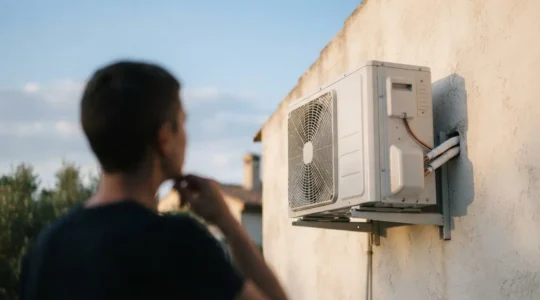 Technicien examinant discrètement l'unité extérieure d'un climatiseur moderne dans une lumière douce de fin de journée, symbolisant un choix éclairé face aux promesses marketing