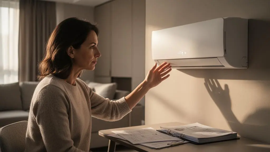 Technicien consultant un manuel technique face à une unité intérieure de climatiseur moderne dans un salon lumineux